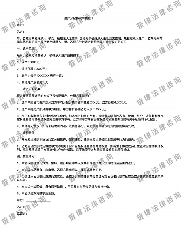 遗产分配协议书模板1