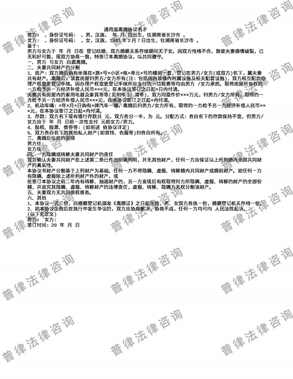 通用版离婚协议书3