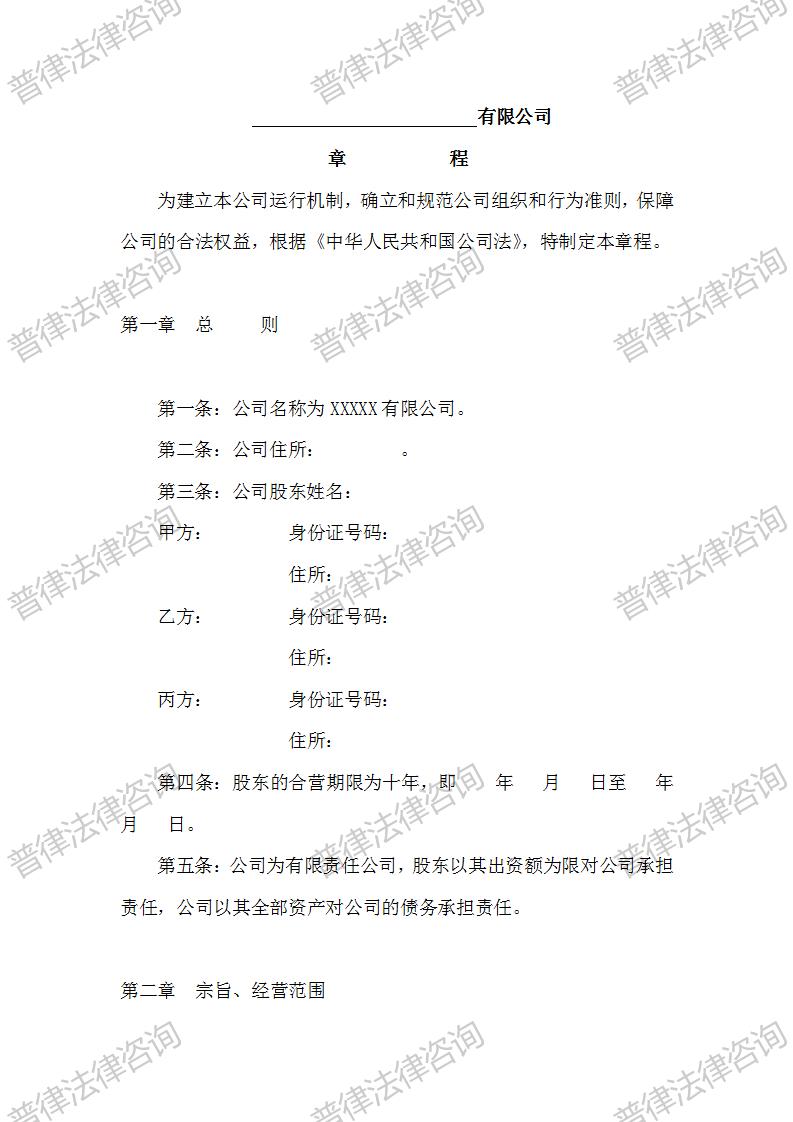 创业企业公司章程(初创)