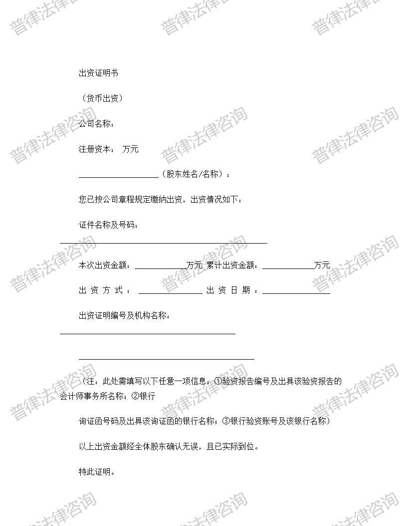 出资证明书(货币出资)